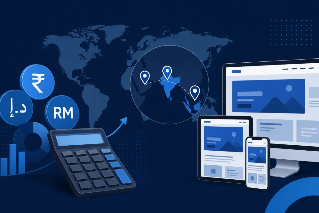 Website project planning with cost estimates for India, UAE and Malaysia